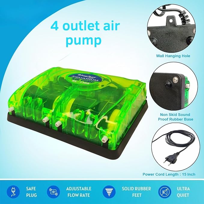 petzlifeworld BL-710A | 8W | 4 * 5L/Min | 4-Way Aquarium Air Pump with Airtube & Airstone | Ultra Quiet Fish Tank Air Pump Powerful Oxygen Aerator Pump