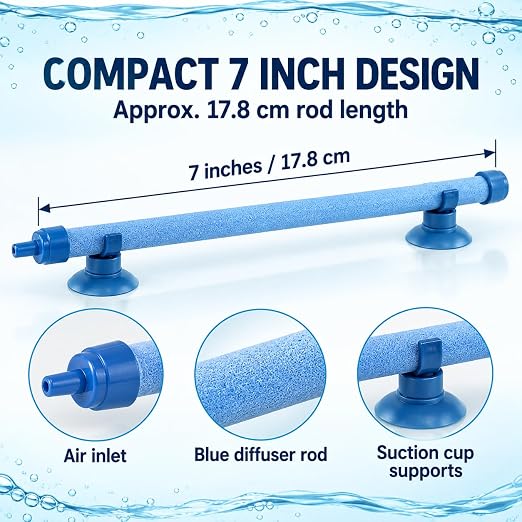 petzlifeworld 7 Inch Aquarium Bubble Wall Air Stone | Blue Diffuser Rod with Suction Cups | Glass-Mounted Bubble Curtain for Fish Tank Aeration & Decoration