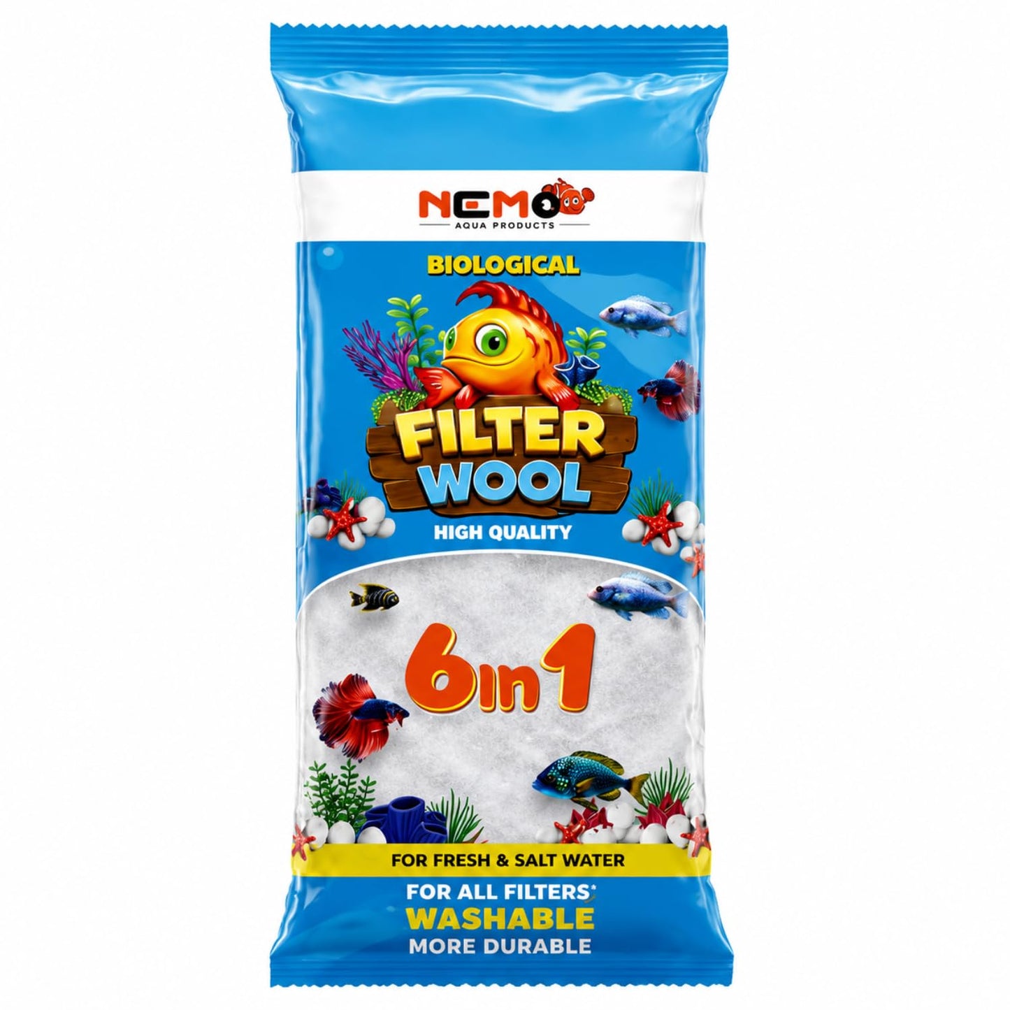 petzlifeworld NEMO 6-in-1 Biochemical Filter Cotton White Sponge | Premium Aquarium Filter Wool Media | Washable Filter Pad for Top, Sump, Internal & Canister Filters | Freshwater & Saltwater Tanks