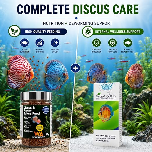 Petzlifeworld Complete Discus Fish Care Combo - WA Discus & Finicky Eaters Feed 45g +AR  Worm Out-D | High Protein Nutrition & Internal Wellness Support