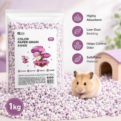 Petzlfiewrold YEE Color Paper Grain Hamster Bedding 1kg (Dark Green and Purple ) | Soft & Absorbent Paper Pellets | Low-Dust & Deodorizing Cage Bedding for Hamsters & Small Pets