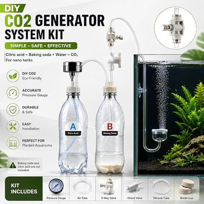 petzlifeworld DIY D201 CO2 Generator System Kit for Planted Aquarium | CO2 Regulator with Pressure Gauge, Tube, Valve & Bottle Cap | Citric Acid 200g + Baking Soda 200g | Aquascaping Kit