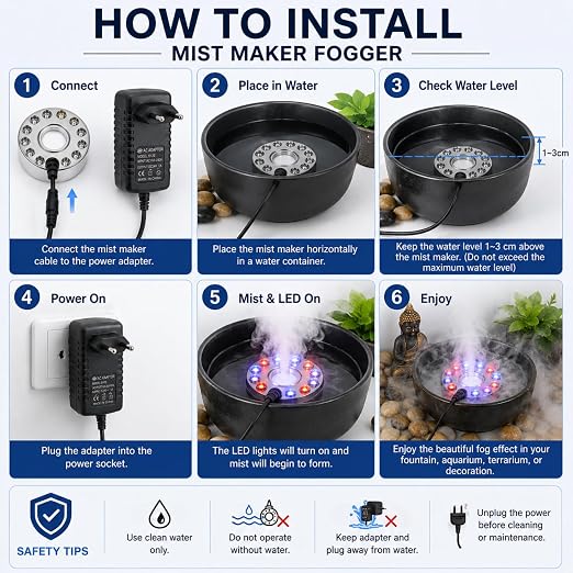 Petzlifeworld MM-20 Mist Maker Fogger 20W with 12 LED Lights & Power Adapter – Stainless Steel Waterproof Pond Fogger for Aquarium, Fountain, Terrarium, Rockery, Garden Pond & Indoor Home Decor