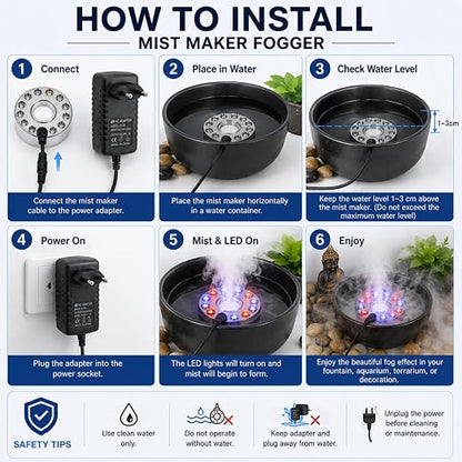 Petzlifeworld MM-20 Mist Maker Fogger 20W with 12 LED Lights & Power Adapter – Stainless Steel Waterproof Pond Fogger for Aquarium, Fountain, Terrarium, Rockery, Garden Pond & Indoor Home Decor