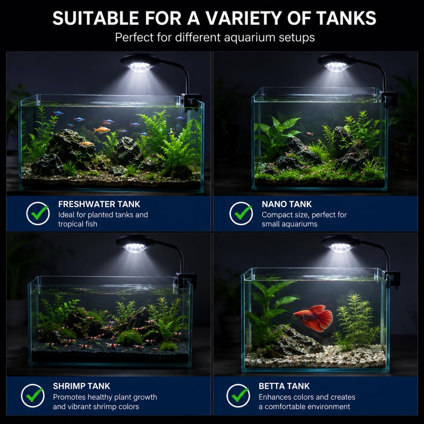 Petzlifeworld QL-V5 Aquarium Flying Saucer Clamp Lamp 5W | 360° Flexible Neck with Clamp | Bright White LED Light for 20–30cm Fish Tanks | 220–240V | for Betta, Shrimp, Nano & Planted Aquariums