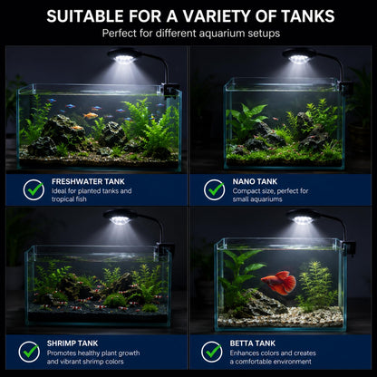 Petzlifeworld QL-V5 Aquarium Flying Saucer Clamp Lamp 5W | 360° Flexible Neck with Clamp | Bright White LED Light for 20–30cm Fish Tanks | 220–240V | for Betta, Shrimp, Nano & Planted Aquariums