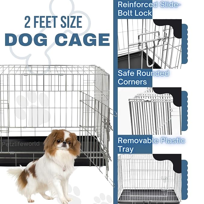 Petzlifeworld Feet (24 Inch) Stainless Steel Dog Cage with Removable Black Tray, Double Door Folding Dog Cage