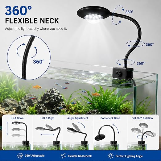 Petzlifeworld QL-V5 Aquarium Flying Saucer Clamp Lamp 5W | 360° Flexible Neck with Clamp | Bright White LED Light for 20–30cm Fish Tanks | 220–240V | for Betta, Shrimp, Nano & Planted Aquariums