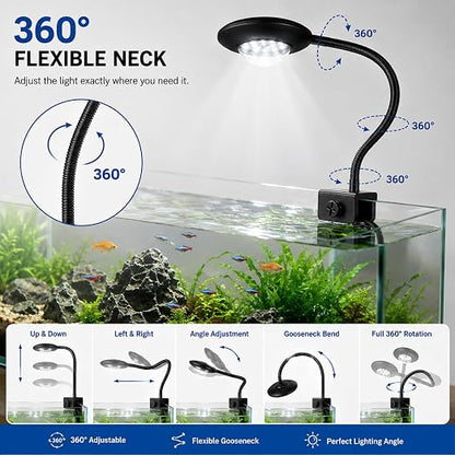 Petzlifeworld QL-V5 Aquarium Flying Saucer Clamp Lamp 5W | 360° Flexible Neck with Clamp | Bright White LED Light for 20–30cm Fish Tanks | 220–240V | for Betta, Shrimp, Nano & Planted Aquariums