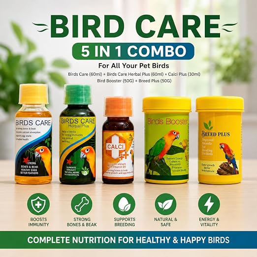 Petzlifeworld Bird Care 5 in 1 Combo for All Your Pet Birds (Birds Care, 60Ml + Birds Care Herbal Plus, 60Ml + Calci Plus, 30Ml + Bird Booster, 50G + Breed Plus, 50G)