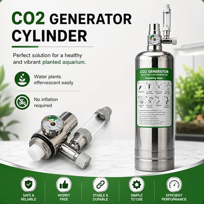 Petzlifeworld 2L Stainless Steel DIY CO₂ Generator Kit for Planted Aquariums | Citric Acid 200g + Baking Soda 200g | Solenoid Valve, Pressure Gauge, Metal Bubble Counter, CO₂ Tube & Flat Diffuser
