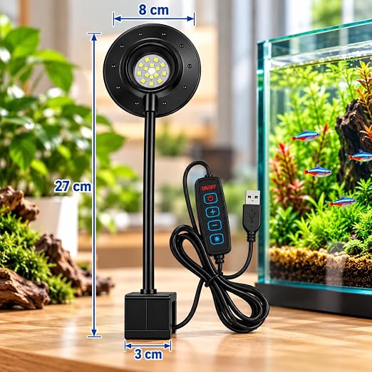 petzlifeworld FD-001 UFO Clip LED Aquarium Light | 3 Mode Fish Tank Light | 360° Flexible Gooseneck | DC 5V USB Powered | Fits 3–5mm Glass | for Betta, Nano & Planted Aquariums