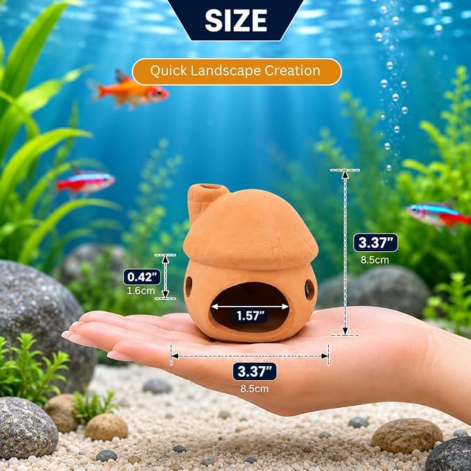 Petzlifeworld (Mushroom House Natural Clay Fish Tank Hideout | Aquarium Ornament Decoration for Small Fish & Shrimp | Terracotta Shelter for Resting, Hiding & Aquascaping