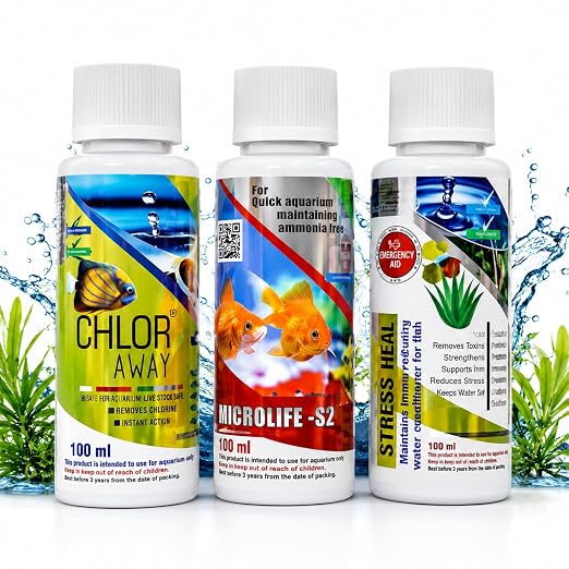 Aquatic Remedies (Pack of 3) Aquarium Fish Tank Water Conditioner Combo | Stress Heal-100ml | Microlife S2-100ml | Chlor Away-100ml