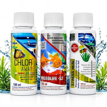 Aquatic Remedies (Pack of 3) Aquarium Fish Tank Water Conditioner Combo | Stress Heal-100ml | Microlife S2-100ml | Chlor Away-100ml