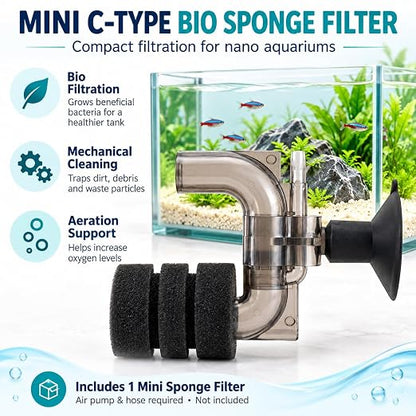 Petzlifeworld Mini C-Type Bio Sponge Filter for Nano Aquariums & Fish Bowls (9 × 7 × 4 cm) Suction Cup Mount | Biological Filtration & Aeration | 4 mm Air Hose Connection