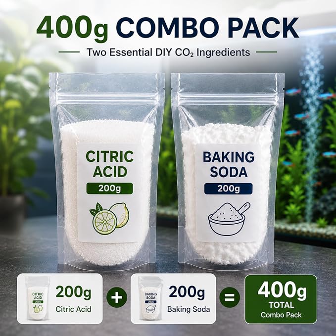 petzlifeworld  DIY Aquarium CO2 Essential Kit – Citric Acid 200g + Baking Soda 200g | CO2 Generator Ingredients for Planted Aquarium & Aquascaping | 400g Combo Pack