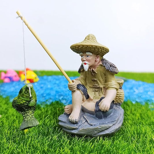 Petzlifeworld Resin Fisherman Aquarium Decoration Figurine – Hand Painted Fishing Statue Ornament for Fish Tank, Aquarium, Mini Garden, Terrarium & DIY Landscape Decor