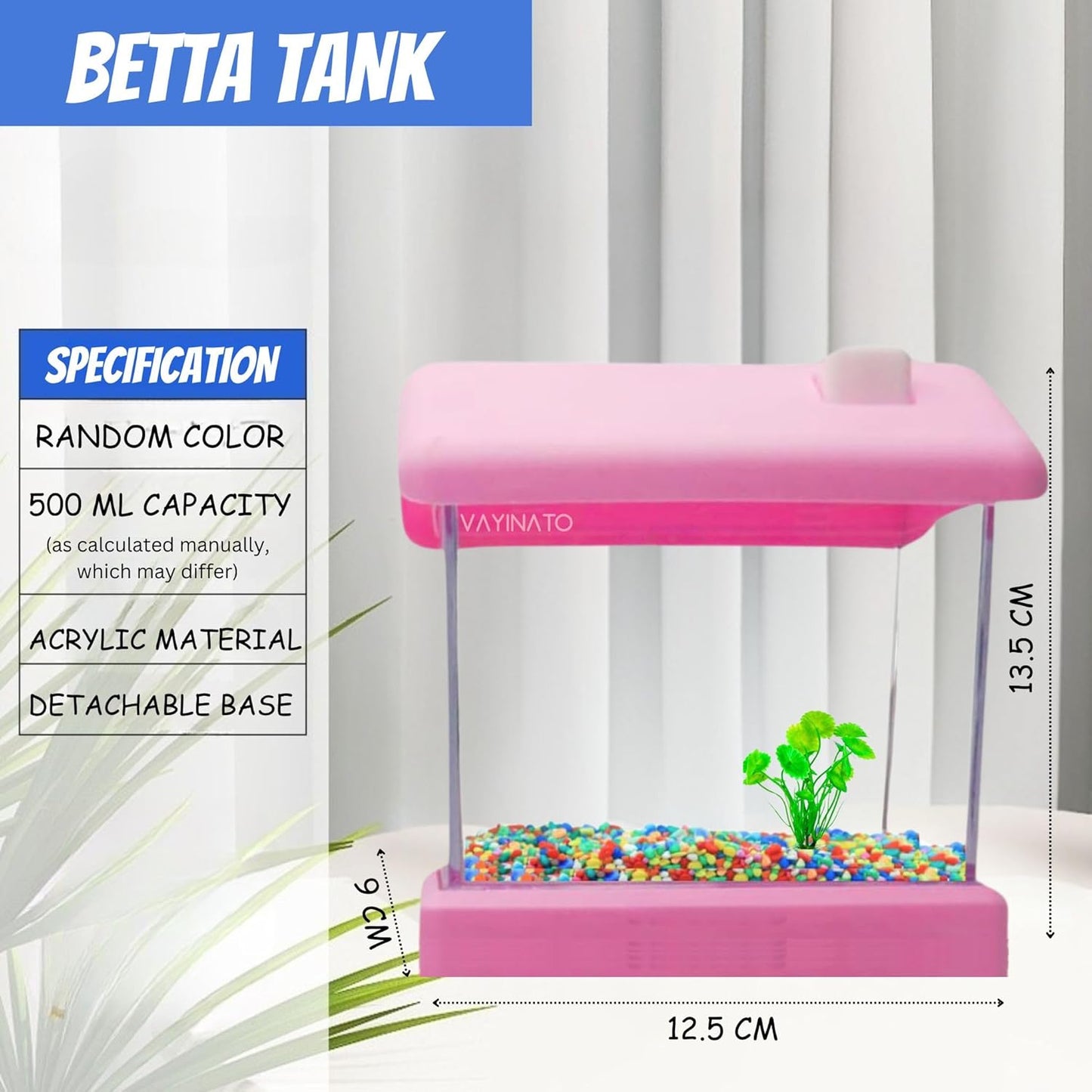 Transparent Acyrlic Betta (Home Model) Fish Tank with Mini Plastic Plants - Random Color (Maximum 500ML Capacity)