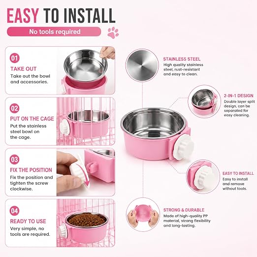 Petzlifeworld 2-in-1 Hanging Pet Food & Water Bowl | Stainless Steel Removable Feeding Bowl with Secure Cage Clip Holder | Suitable for Cats, Dogs, Rabbits, Birds & Small Animals | Random Colour