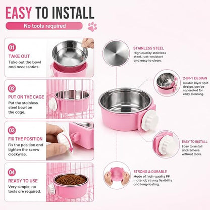 Petzlifeworld 2-in-1 Hanging Pet Food & Water Bowl | Stainless Steel Removable Feeding Bowl with Secure Cage Clip Holder | Suitable for Cats, Dogs, Rabbits, Birds & Small Animals | Random Colour