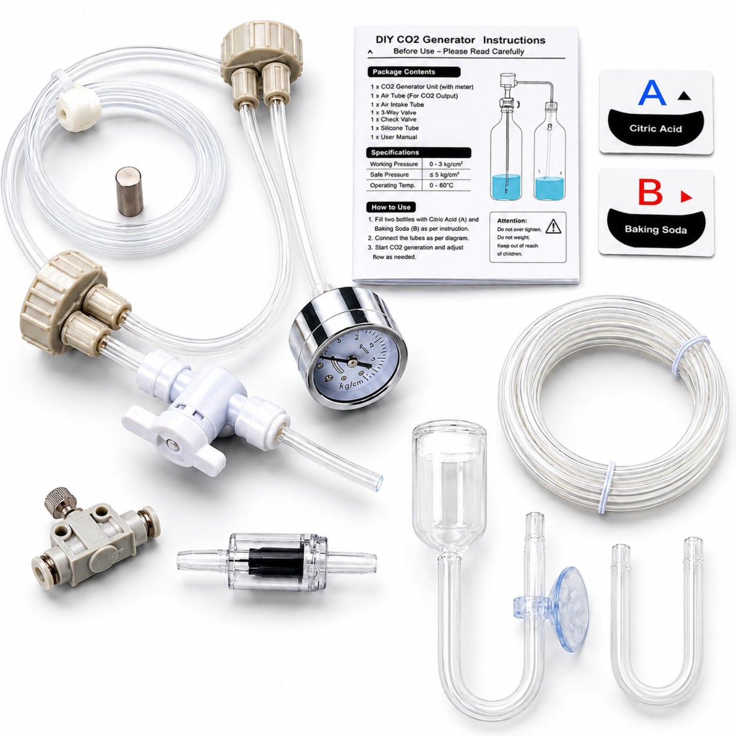 Petzlifeworld DIY CO2 Generator Combo Kit with Diffuser, U-Bend & Check Valve | Pressure Gauge, Needle Valve, Tubing & Bottle Cap Set | DIY CO2 Generator Kit (Citric Acid & Baking Soda Not Included)
