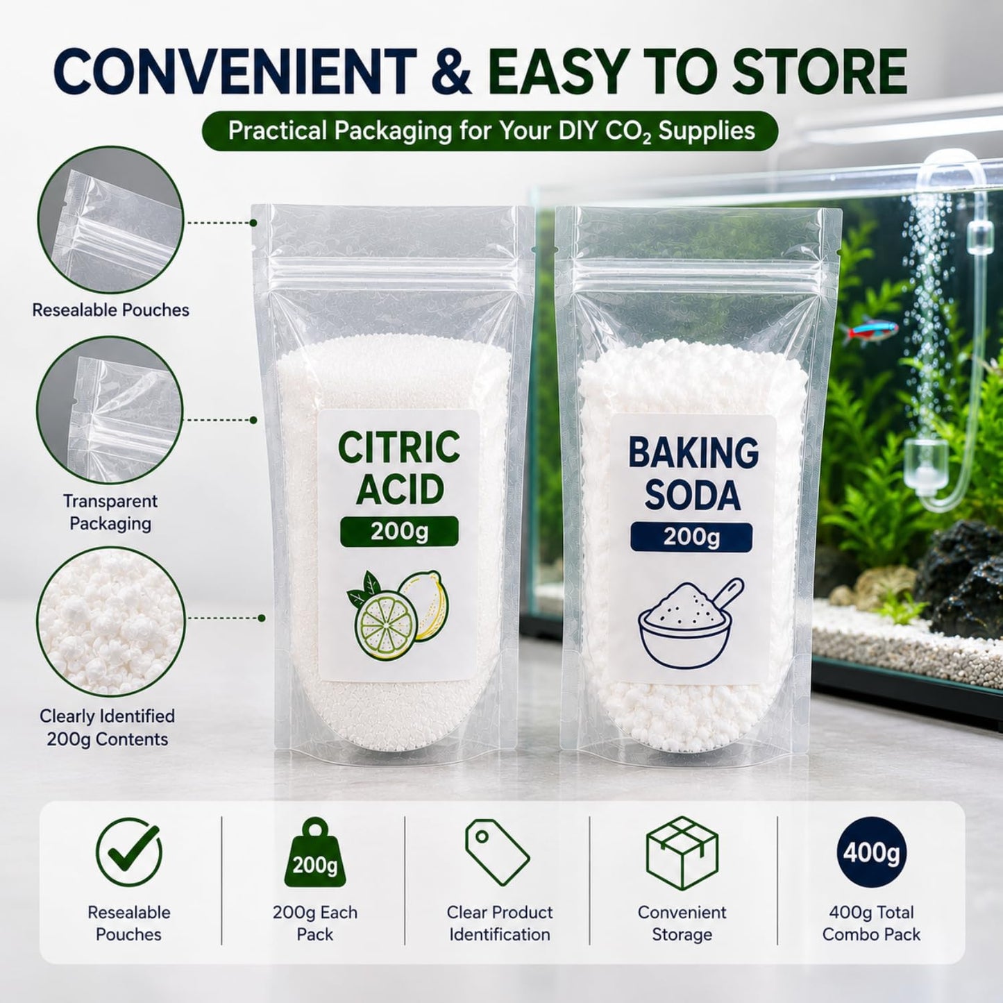petzlifeworld  DIY Aquarium CO2 Essential Kit – Citric Acid 200g + Baking Soda 200g | CO2 Generator Ingredients for Planted Aquarium & Aquascaping | 400g Combo Pack