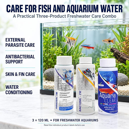 Aquatic Remedies 3-in-1 Freshwater Fish Care Combo – Paracidol FW + Bactonil FW + Aquaria Clear | 120 ml Each