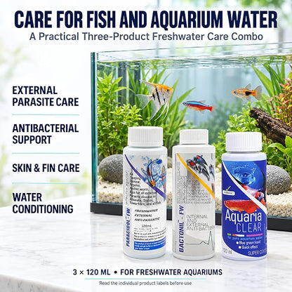 Aquatic Remedies 3-in-1 Freshwater Fish Care Combo – Paracidol FW + Bactonil FW + Aquaria Clear | 120 ml Each
