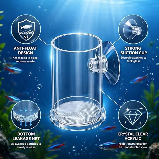 petzlifeworld Transparent Aquarium Fish Feeding Cup with Bottom Micro Mesh Net | Anti-Float Artemia Feeder for Shrimp & Baby Fish | Suction Cup Feeding Station for Micro Pellets & Powder Feed