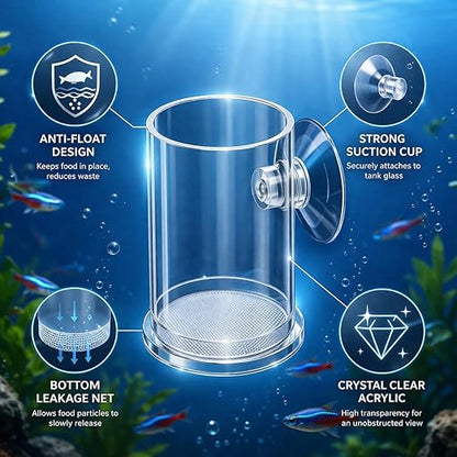 petzlifeworld Transparent Aquarium Fish Feeding Cup with Bottom Micro Mesh Net | Anti-Float Artemia Feeder for Shrimp & Baby Fish | Suction Cup Feeding Station for Micro Pellets & Powder Feed