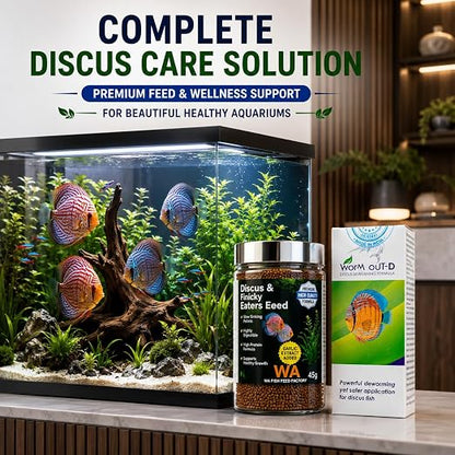 Petzlifeworld Complete Discus Fish Care Combo - WA Discus & Finicky Eaters Feed 45g +AR  Worm Out-D | High Protein Nutrition & Internal Wellness Support