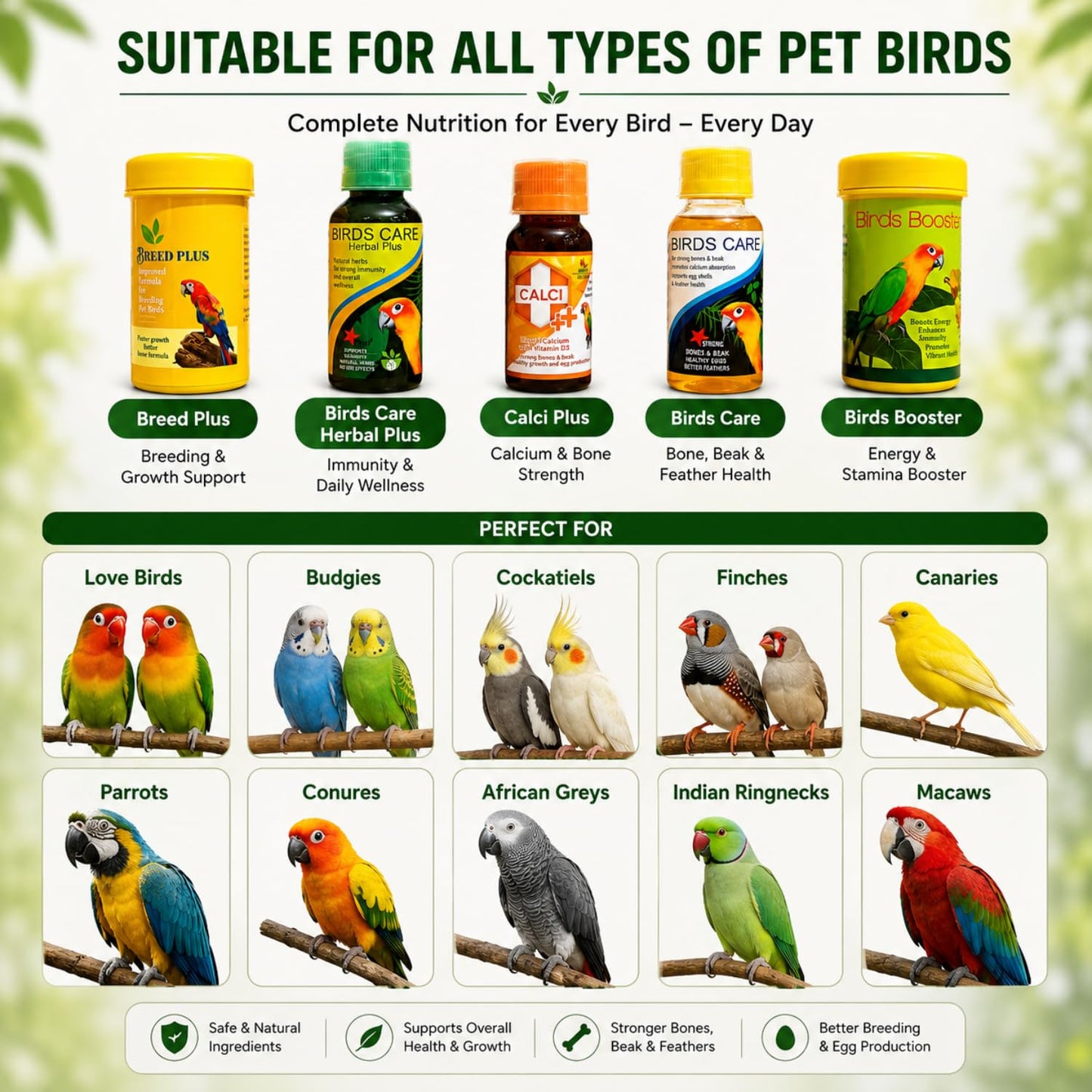 Petzlifeworld Bird Care 5 in 1 Combo for All Your Pet Birds (Birds Care, 60Ml + Birds Care Herbal Plus, 60Ml + Calci Plus, 30Ml + Bird Booster, 50G + Breed Plus, 50G)