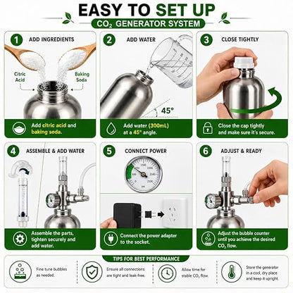 Petzlifeworld 2L Stainless Steel DIY CO₂ Generator Kit for Planted Aquariums | Citric Acid 200g + Baking Soda 200g | Solenoid Valve, Pressure Gauge, Metal Bubble Counter, CO₂ Tube & Flat Diffuser