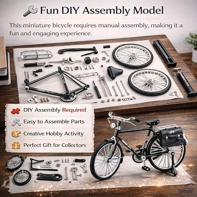Petzlifeworld Mini Retro Alloy Bicycle Model – Classic Black DIY Bicycle Figurine, Vintage Style Desktop Ornament, Alloy Metal Bicycle Model Kit with Assembly Parts