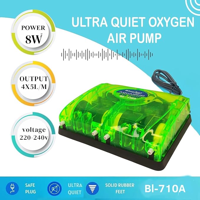 petzlifeworld BL-710A | 8W | 4 * 5L/Min | 4-Way Aquarium Air Pump with Airtube & Airstone | Ultra Quiet Fish Tank Air Pump Powerful Oxygen Aerator Pump