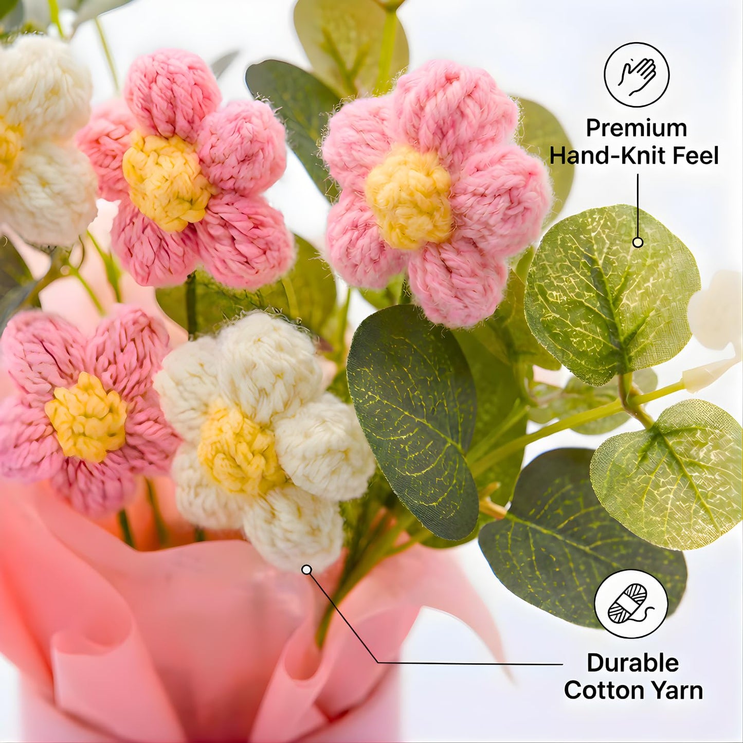 petzlifeworld Handmade Crochet Flower Bouquet with Pink Vase – Artificial Pink & White Daisy Flowers in Gift Box | Cute Home Decor for Desk, Bedroom, Office for Girls, Couples & Friends