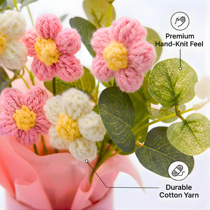 petzlifeworld Handmade Crochet Flower Bouquet with Pink Vase – Artificial Pink & White Daisy Flowers in Gift Box | Cute Home Decor for Desk, Bedroom, Office for Girls, Couples & Friends