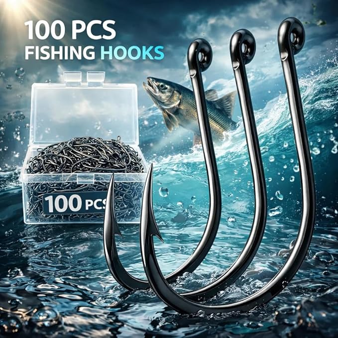 Petzlifeworld 100 Pcs Carbon Steel Fishing Hooks with Storage Box | Strong, Sharp & Rust Resistant Fish Hooks for Freshwater & Saltwater Fishing | Size 5
