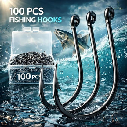 Petzlifeworld 100 Pcs Carbon Steel Fishing Hooks with Storage Box | Strong, Sharp & Rust Resistant Fish Hooks for Freshwater & Saltwater Fishing | Size 5