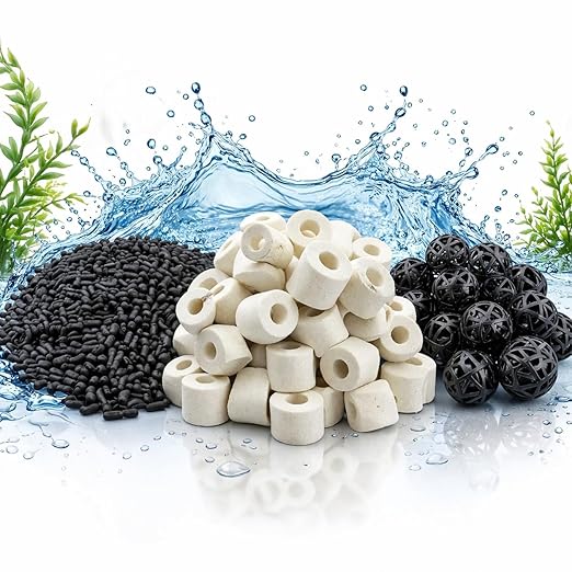 Petzlifeworld Aquarium Filter Media 3 Combo Set – 150g Activated Carbon + 150g Ceramic Rings + 10 Bio Balls | Improves Water Quality, Removes Odor & Toxins | Suitable for All Aquarium Filters