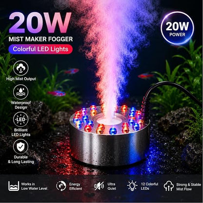 Petzlifeworld MM-20 Mist Maker Fogger 20W with 12 LED Lights & Power Adapter – Stainless Steel Waterproof Pond Fogger for Aquarium, Fountain, Terrarium, Rockery, Garden Pond & Indoor Home Decor