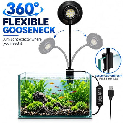 petzlifeworld FD-001 UFO Clip LED Aquarium Light | 3 Mode Fish Tank Light | 360° Flexible Gooseneck | DC 5V USB Powered | Fits 3–5mm Glass | for Betta, Nano & Planted Aquariums