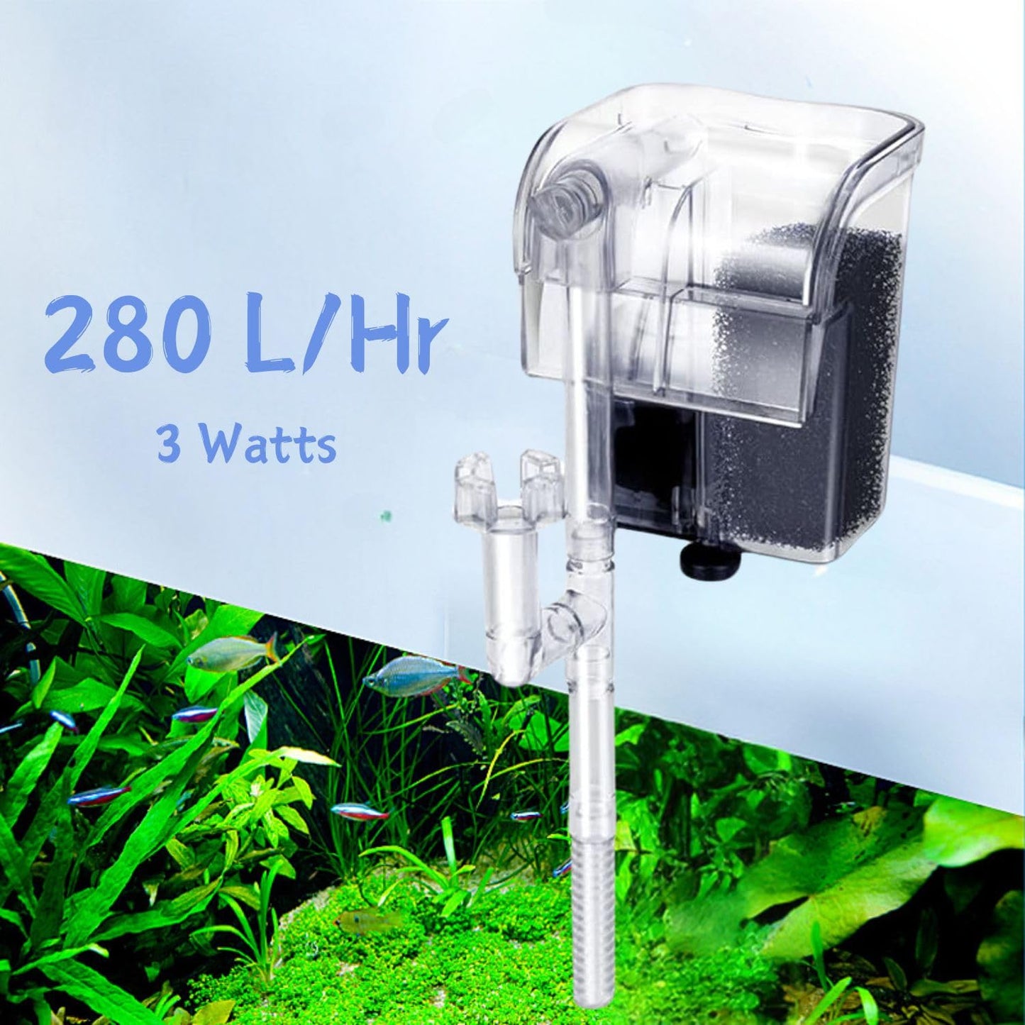 Petzlifeworld CM-160 | 3W | 280L/Hr | Fit for Upto 2 Feet Tank Transparent Hang On Filter without Surface Skimmer