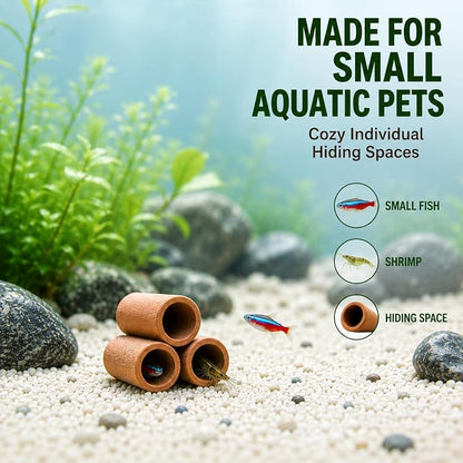 Petzlifeworld  3-Hole Natural Clay Aquarium Hideout | Terracotta Tube Cave Shelter for Small Fish & Shrimp | Fish Tank Ornament for Hiding, Resting & Aquascaping