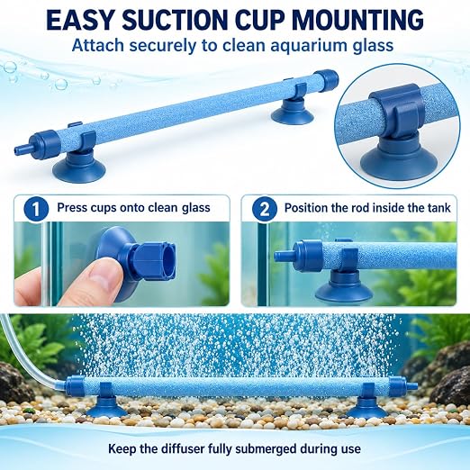 petzlifeworld 7 Inch Aquarium Bubble Wall Air Stone | Blue Diffuser Rod with Suction Cups | Glass-Mounted Bubble Curtain for Fish Tank Aeration & Decoration