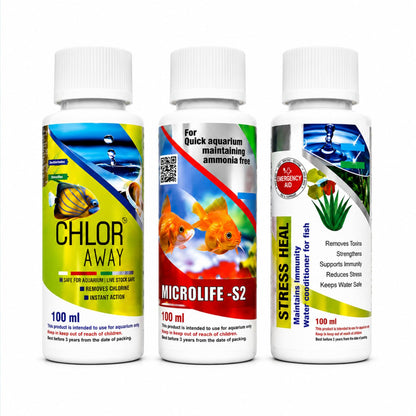 Aquatic Remedies (Pack of 3) Aquarium Fish Tank Water Conditioner Combo | Stress Heal-100ml | Microlife S2-100ml | Chlor Away-100ml