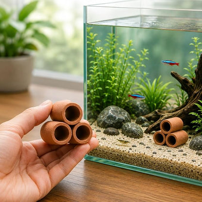 Petzlifeworld  3-Hole Natural Clay Aquarium Hideout | Terracotta Tube Cave Shelter for Small Fish & Shrimp | Fish Tank Ornament for Hiding, Resting & Aquascaping