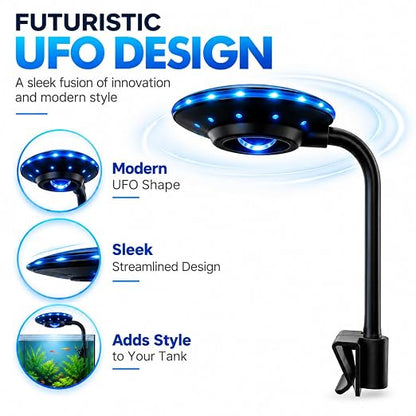 petzlifeworld FD-001 UFO Clip LED Aquarium Light | 3 Mode Fish Tank Light | 360° Flexible Gooseneck | DC 5V USB Powered | Fits 3–5mm Glass | for Betta, Nano & Planted Aquariums