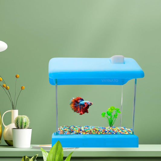 Transparent Acyrlic Betta (Home Model) Fish Tank with Mini Plastic Plants - Random Color (Maximum 500ML Capacity)